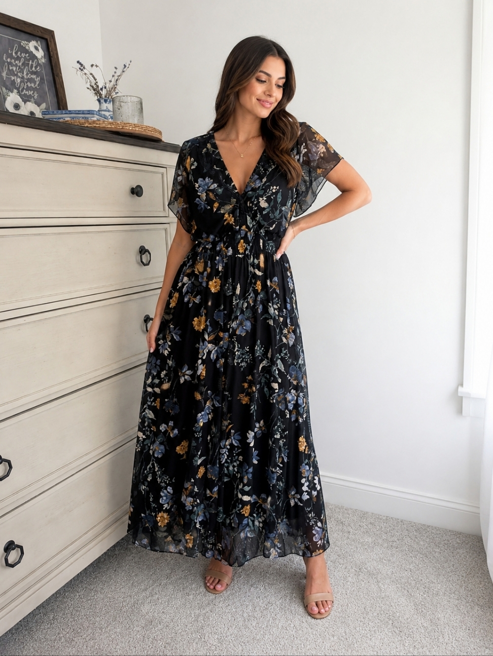 Navy Floral Maxi Dress with Blue and Mustard Blooms